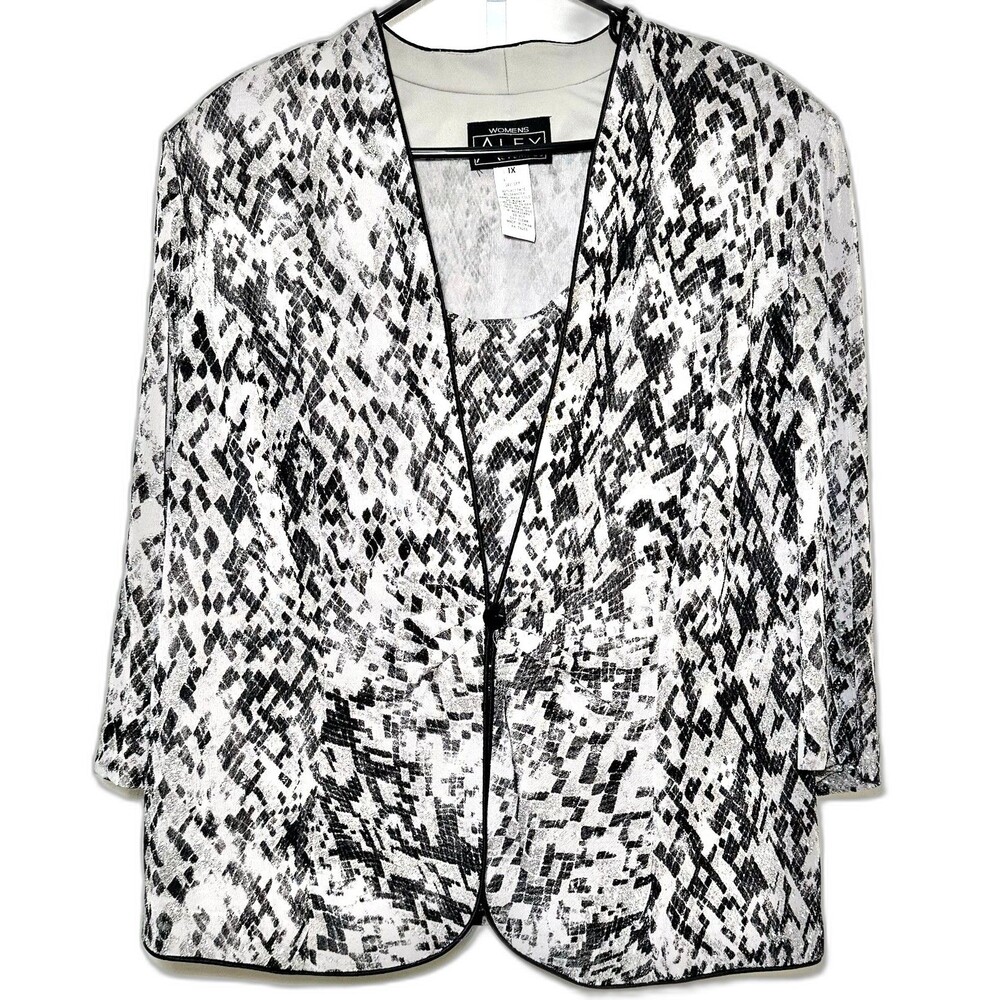 Alex Evenings 1X Two Piece Glitter Animal Print Jacket Shell Set Silver Black